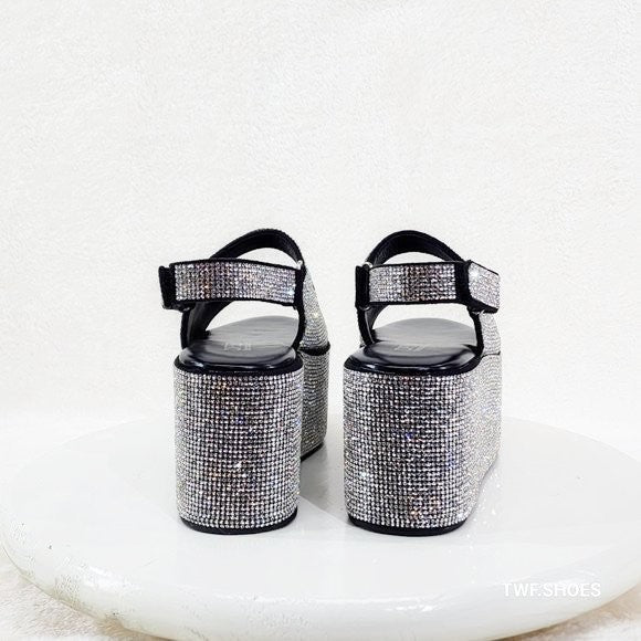 Oh Yeah Black 3" Platform Sparkling Iridescent Rhinestone Flatform Sandals - Totally Wicked Footwear
