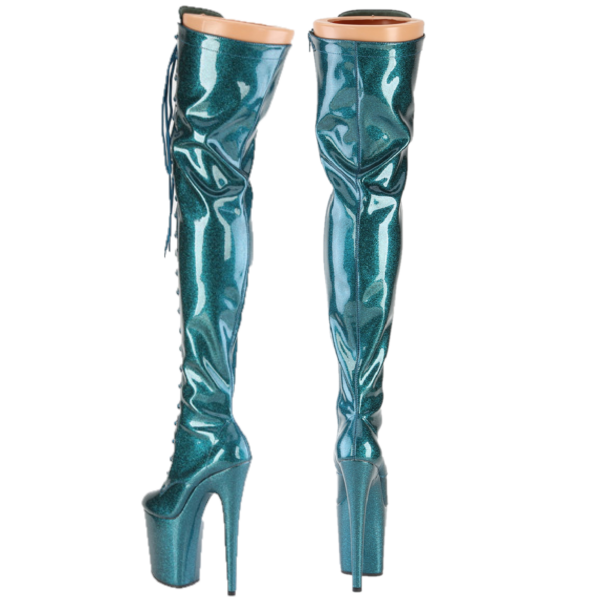 3020 Teal Glitter Patent 3020 Lace Up Thigh High Platform Boots Flamingo 8" Heel - Totally Wicked Footwear