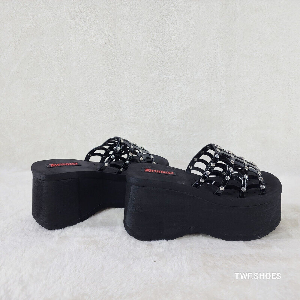 Funn Platform Goth Cut Out Web Sandals Spider Studs Slip On Shoes Black Patent - Totally Wicked Footwear