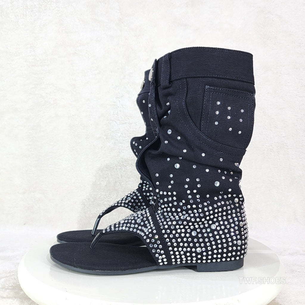 Perplex Black Denim & Rhinestones Sandal Slouch Boots Shooties