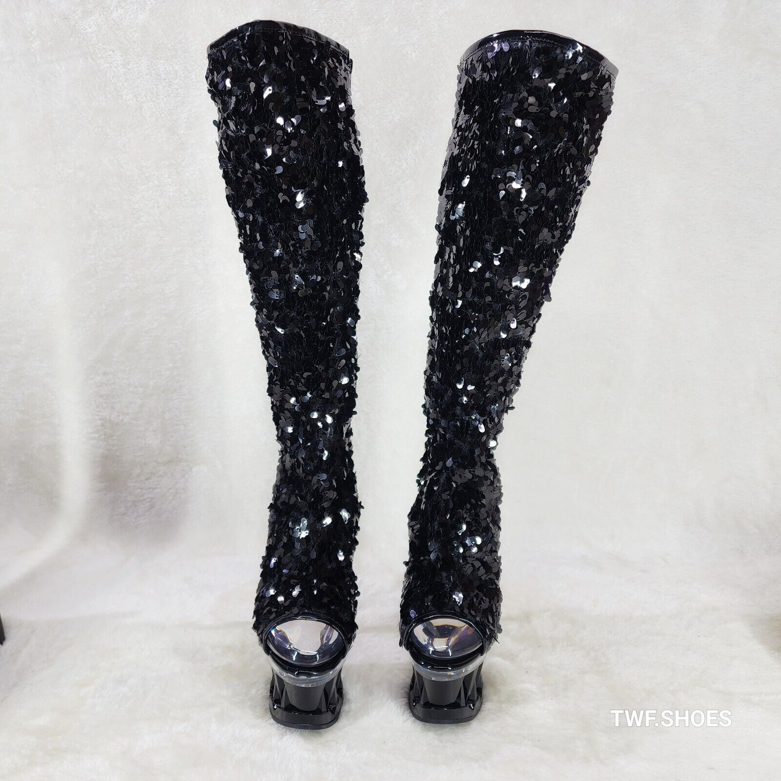 Pleaser Spiky Black Sequin Knee Boots Spiked Design Platform - Totally Wicked Footwear