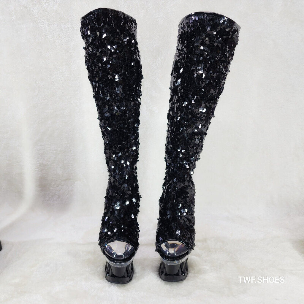 Pleaser Spiky Black Sequin Knee Boots Spiked Design Platform