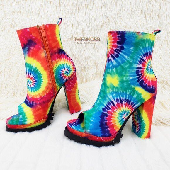 Trippin Colorful Tie Dye Open Toe Chunky Platform Heel Ankle Boots