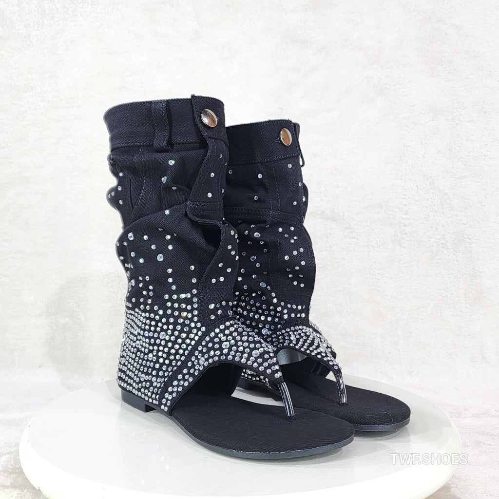 Perplex Black Denim & Rhinestones Sandal Slouch Boots Shooties