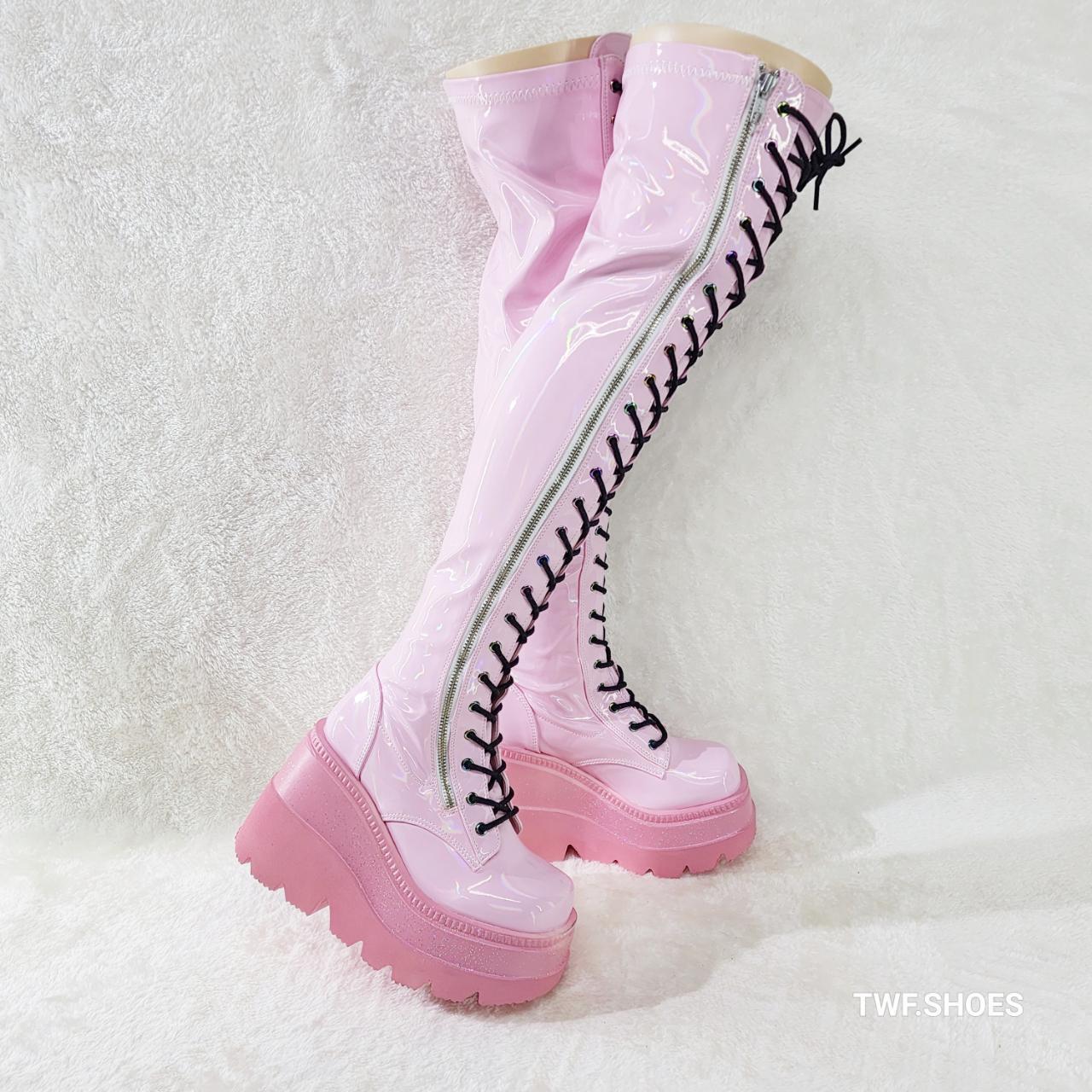 Shaker 374 Pink Patent Platform 4.5" Wedge Heel Over The Knee Boots NY DEMONIA - Totally Wicked Footwear