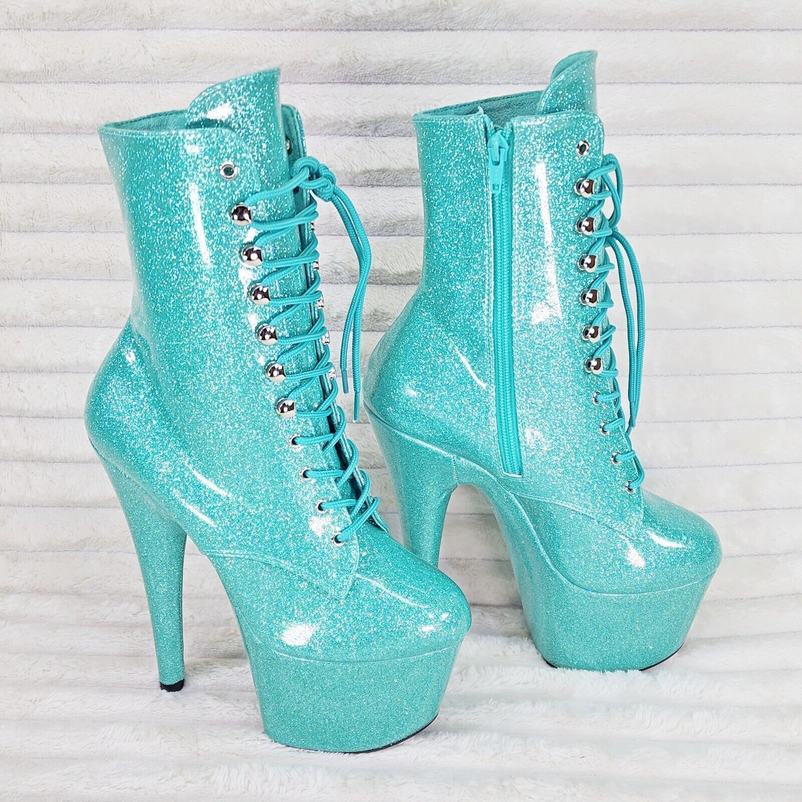 Adore 1020GP AQUA Blue Glitter Patent  7" High Heel Platform Ankle Boots NY - Totally Wicked Footwear