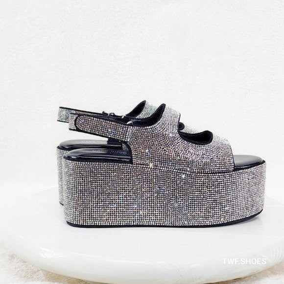 Oh Yeah Black 3" Platform Sparkling Iridescent Rhinestone Flatform Sandals - Totally Wicked Footwear