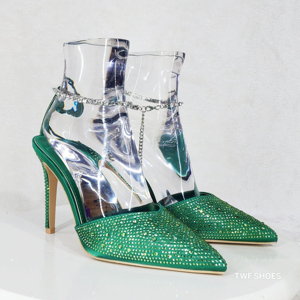 Simply Sexy Slip on Ankle Bracelet Green Rhinestone Pointy Toe High Heels Shoes - Totally Wicked Footwear