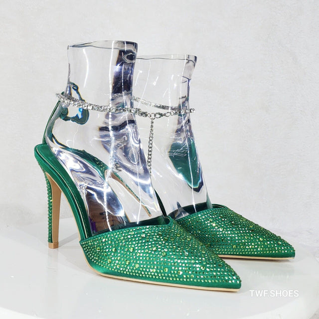 Simply Sexy Slip on Ankle Bracelet Green Rhinestone Pointy Toe High Heels Shoes