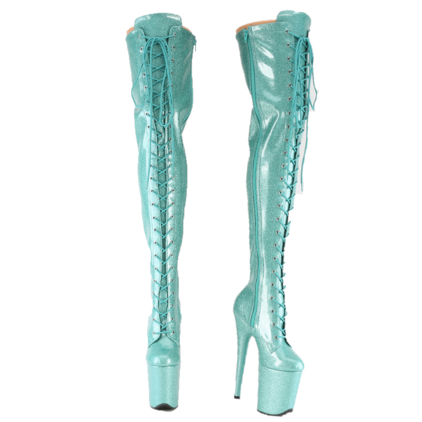 3020 Aqua Glitter Patent 3020 Lace Up Thigh High Platform Boots Flamingo 8" Heel - Totally Wicked Footwear