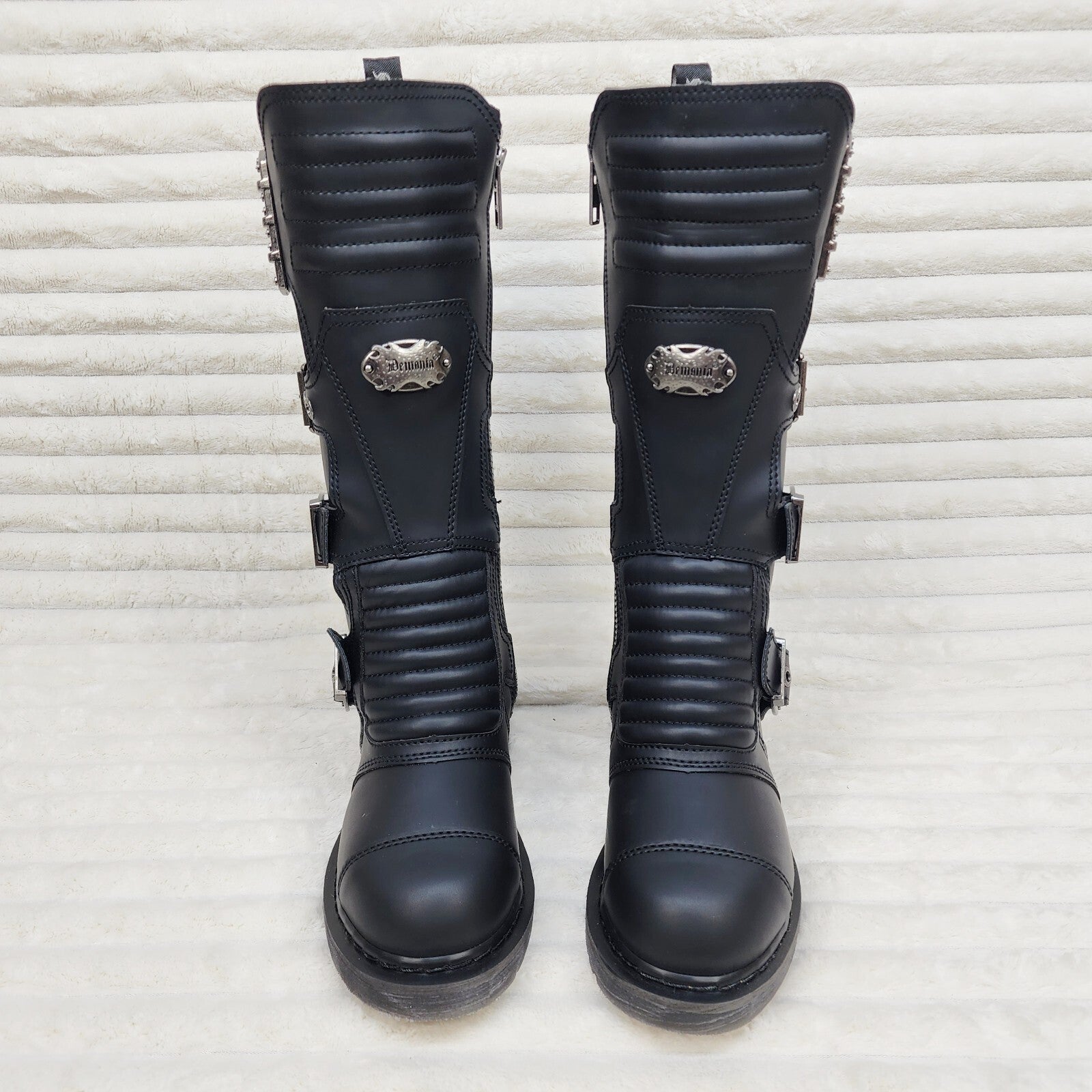 DEMONIA Bolt 405 Goth Combat Biker Knee Boots Black Matte Men Sizes