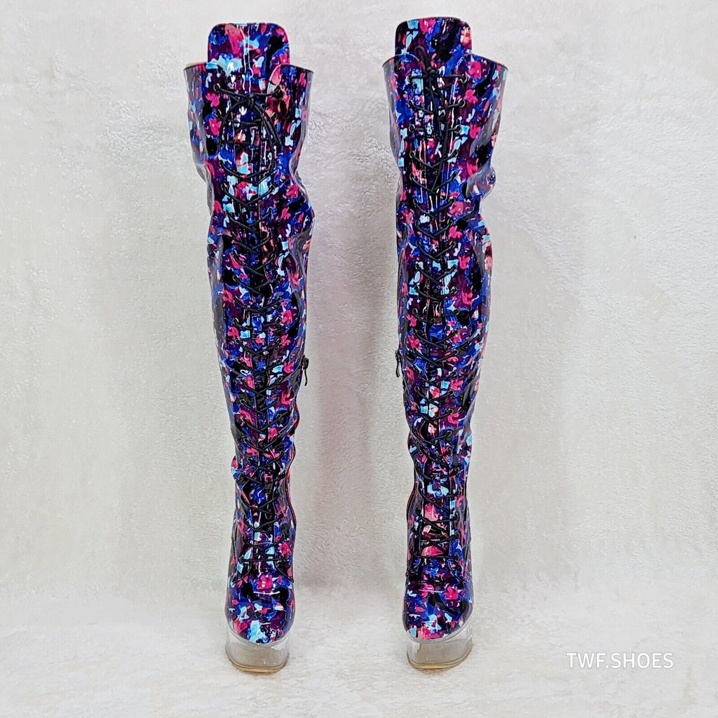 Bulls Cobalt Multi Color Print Patent OTK Clear Platform High Heel Thigh Boots - Totally Wicked Footwear