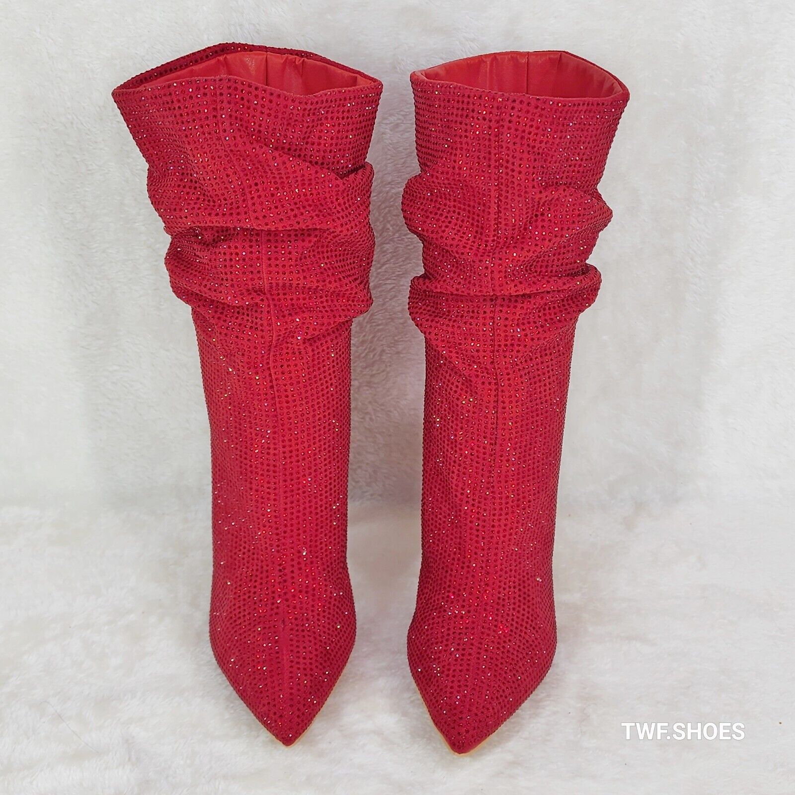 Resolve Sparkling Red Rhinestone High Heel Slouch Calf Boots New Years Bling - Totally Wicked Footwear