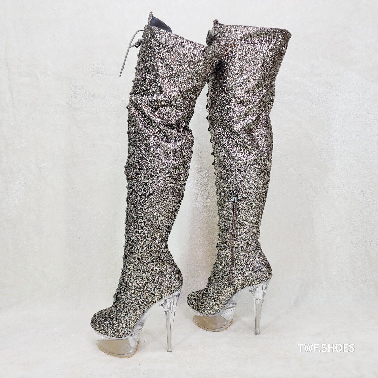 Bulls Silver Glitter Over the Knee Clear Platform High Heel Thigh Boot - Totally Wicked Footwear