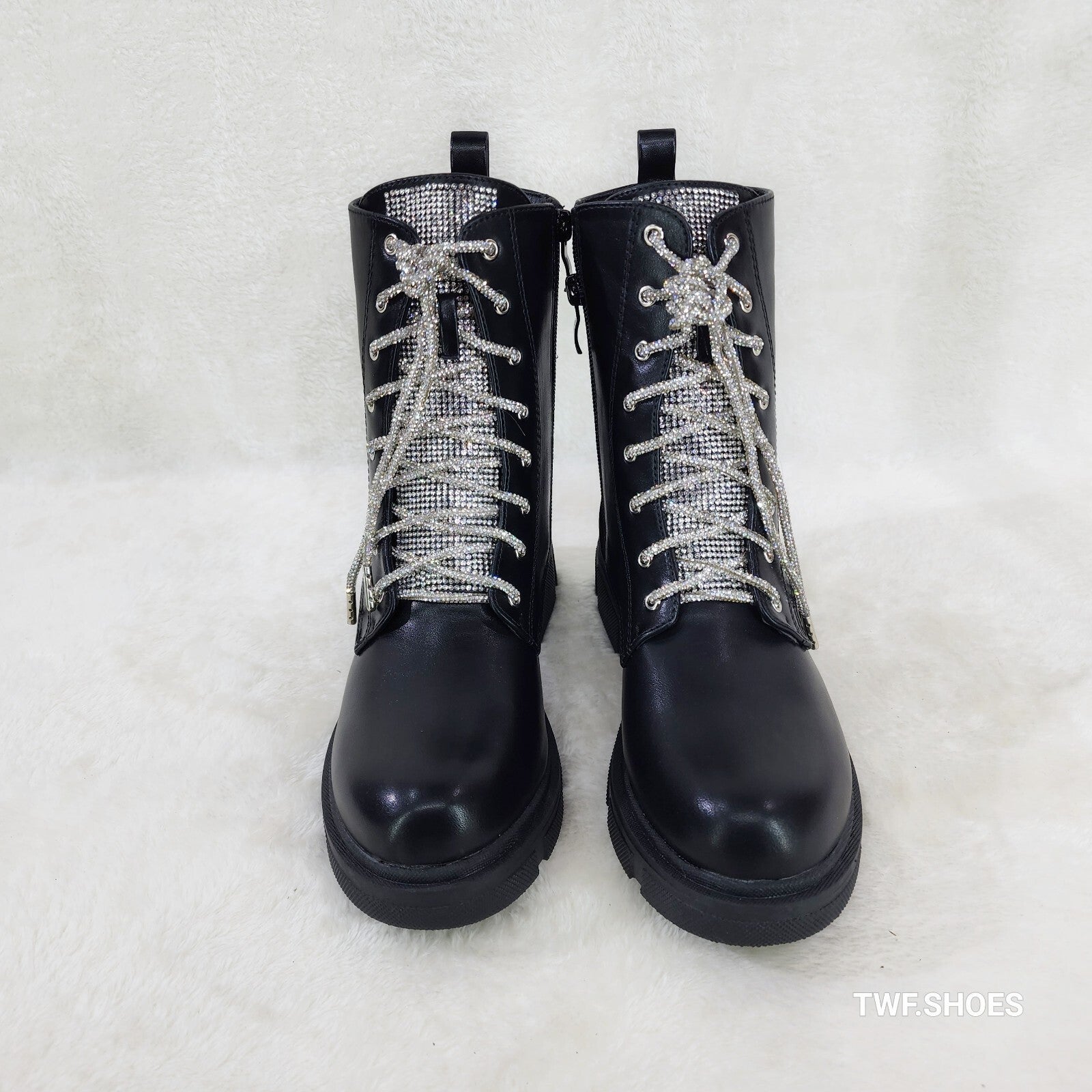 Rylee Black Combat Ankle Boots Iridescent Rhinestone Tongue & Rope Laces