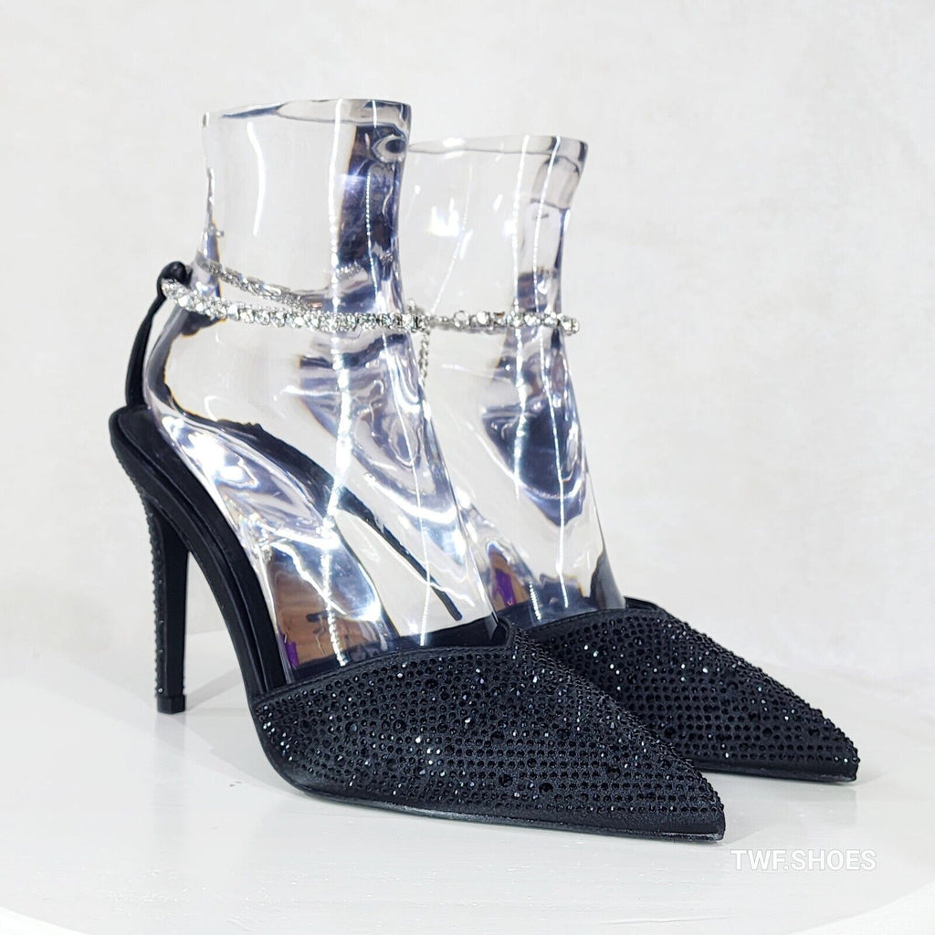 Simply Sexy Slip on Ankle Bracelet Black Rhinestone Pointy Toe High Heels Shoes