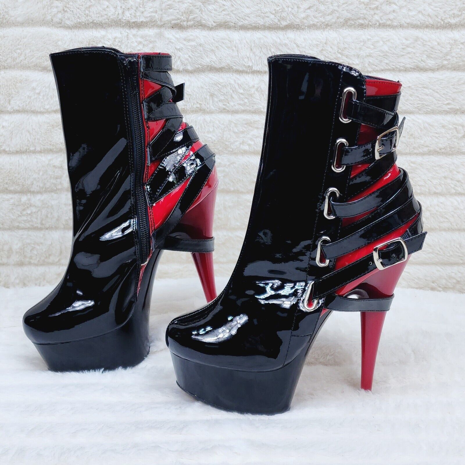 Delight 1012 Black / Red Buckle Strap 6" High Heels Platform Ankle Boots NY - Totally Wicked Footwear