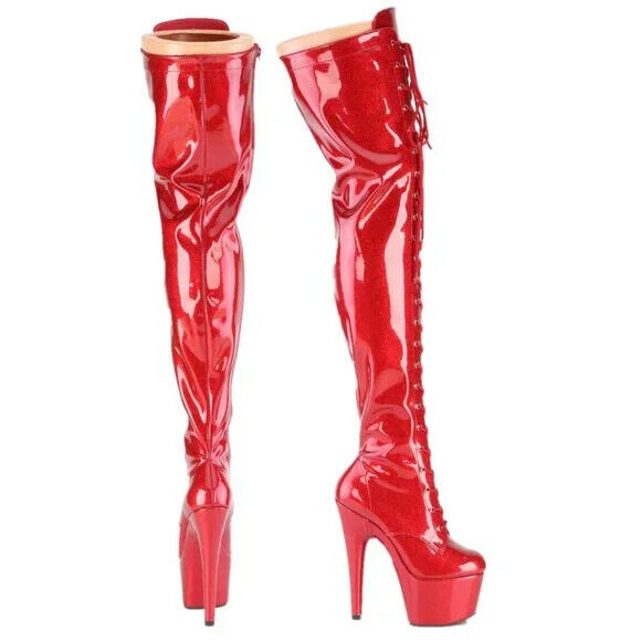 3020 Red Glitter Patent 3020 Lace Up Thigh High Platform Boots Adore 7" Heels - Totally Wicked Footwear