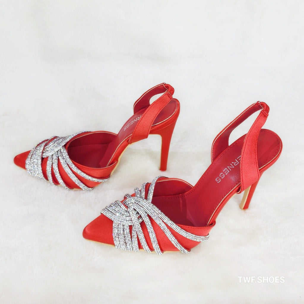 Elegance Slip on Slingback Red Satin Rhinestone Pointy Toe High Heels Shoes