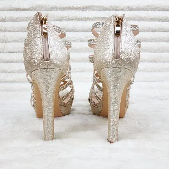 SELENE 4.5" High Heel Platform Shoe Cutout Cage Rhinestones Shimmery Champagne - Totally Wicked Footwear