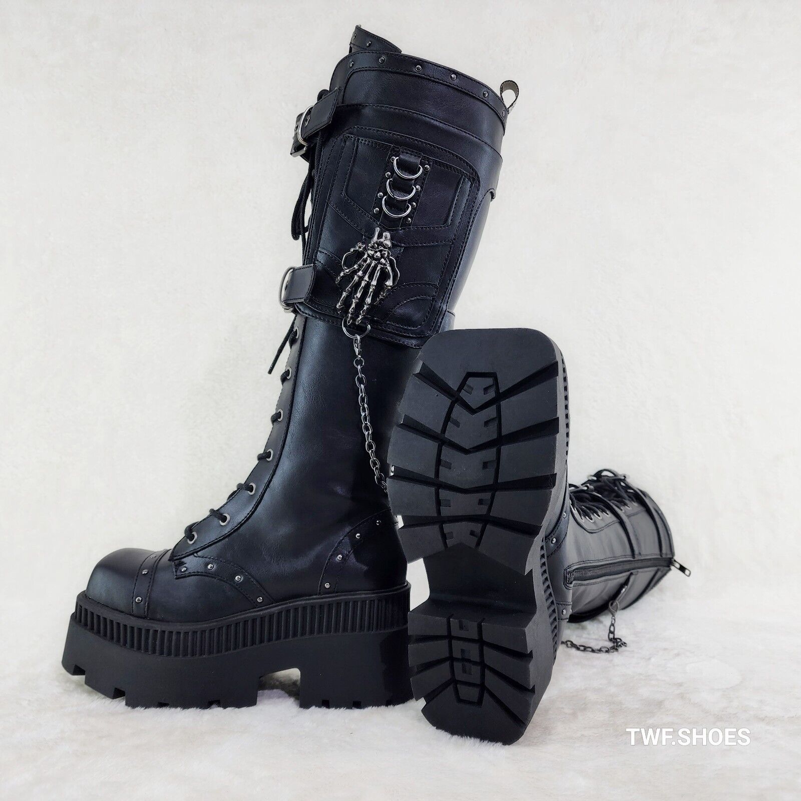 Wicked Wrath Square Toe Goth Lace Up Knee High Boots Skull Hand In House DEMONIA - Totally Wicked Footwear