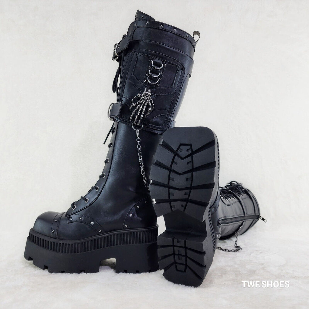 Wicked Wrath Square Toe Goth Lace Up Knee High Boots Skull Hand In House DEMONIA