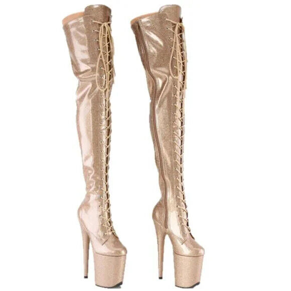 3020 Gold Glitter Patent 3020 Lace Up Thigh High Platform Boots Flamingo 8" Heel - Totally Wicked Footwear