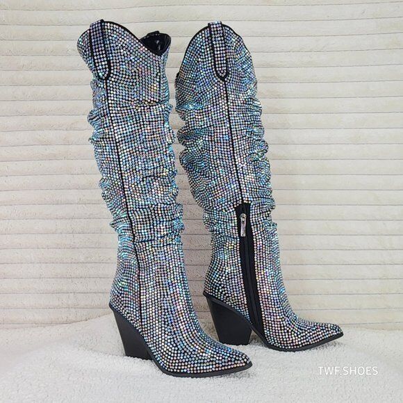 Cape Robbin Diamond Rider Rhinestone Glamour Western Slouch Draped Knee Boots - Totally Wicked Footwear