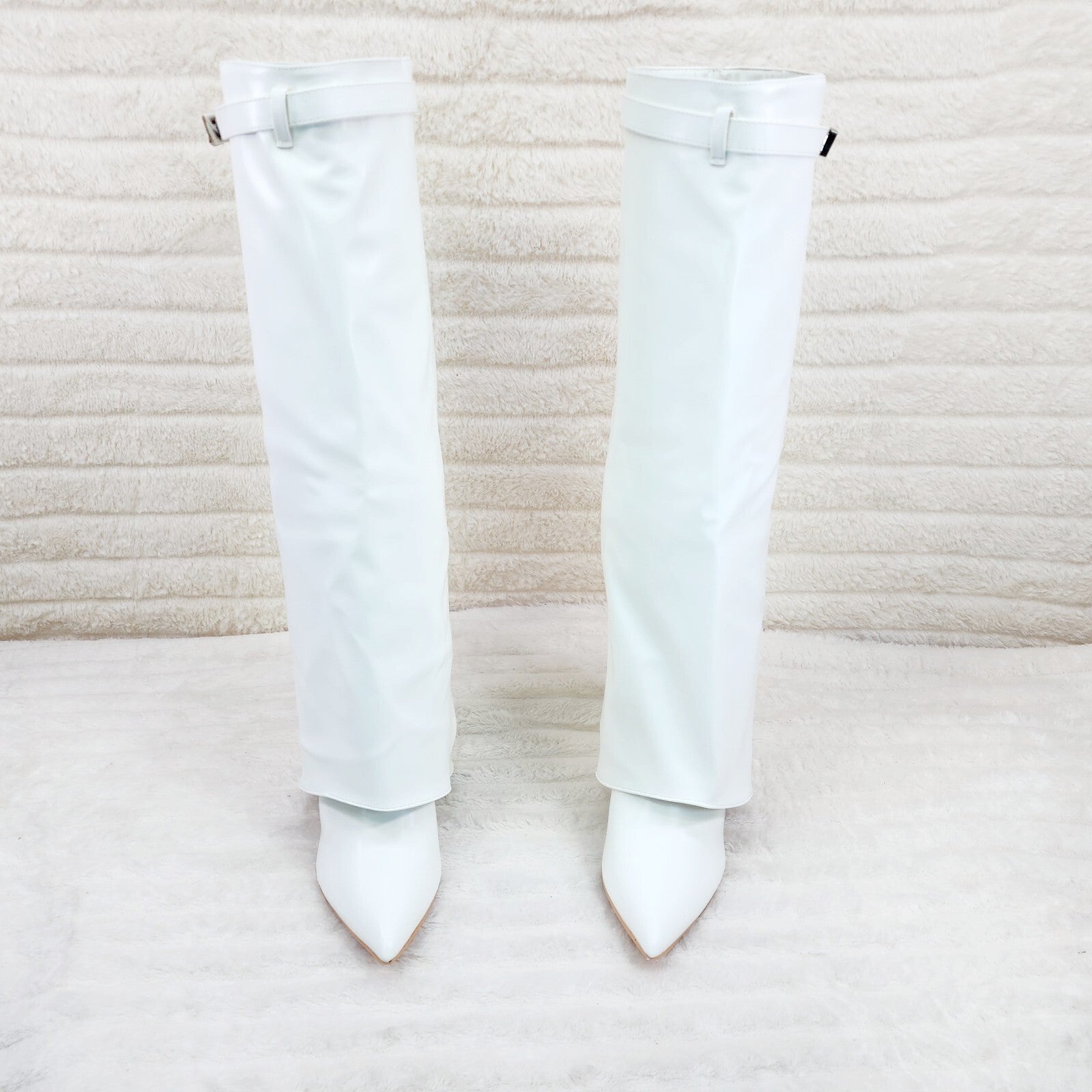 Paris White Skirted Fold Over 3.5" Block Heel Knee High Boots
