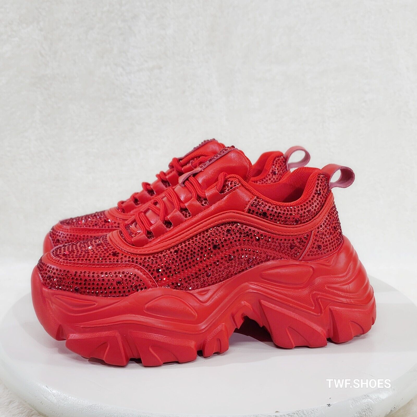 Cush Sport Rhinestone Comfy Platform Light Weight Sneakers Red - Totally Wicked Footwear