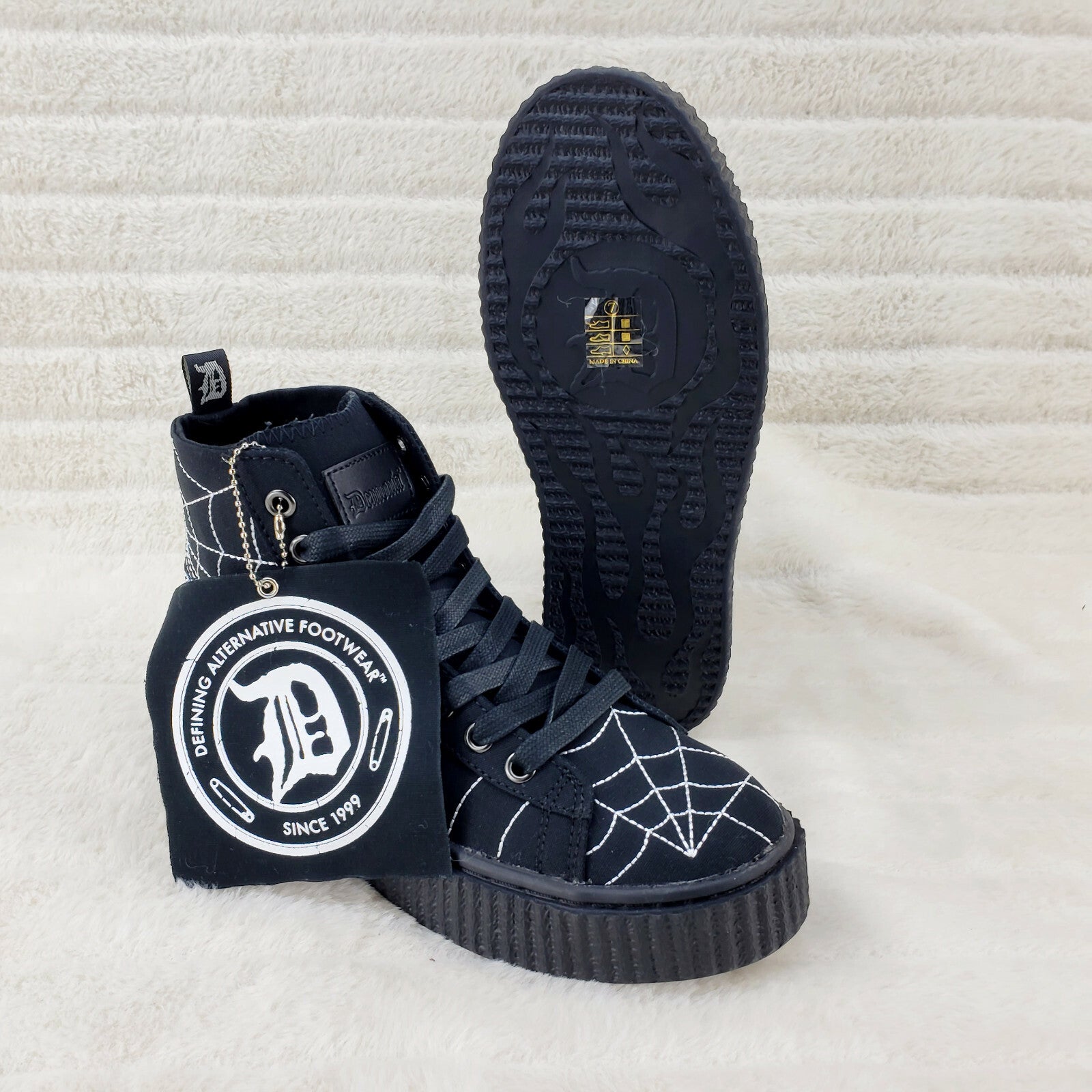 DEMONIA  Stitched Spider Web Hi-Top Creeper Sneaker Goth Punk Men's