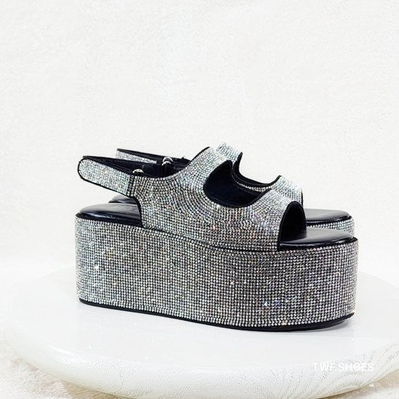 Oh Yeah Black 3" Platform Sparkling Iridescent Rhinestone Flatform Sandals - Totally Wicked Footwear