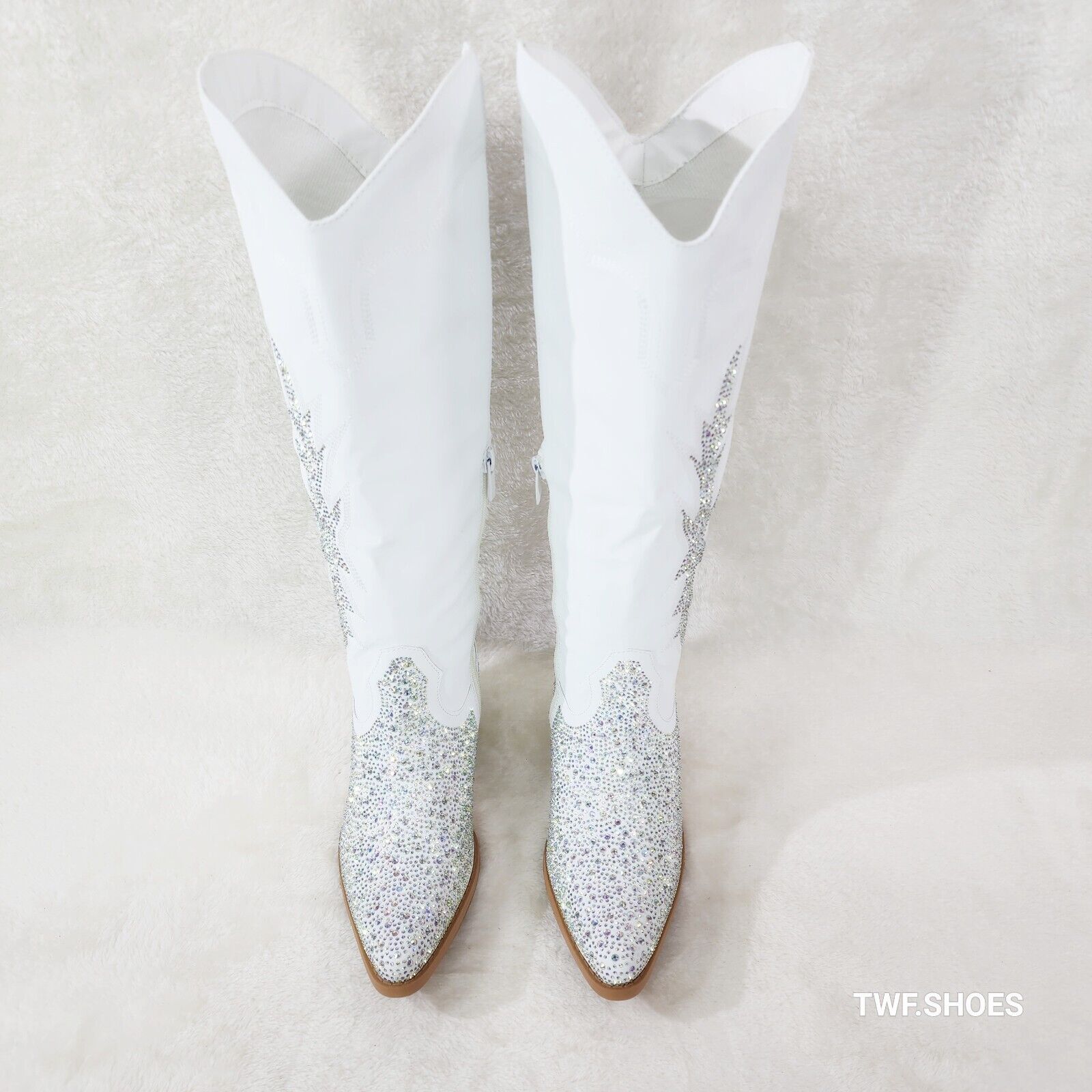 Annie White Leatherette With Rhinestones Country Glam Western Cowgirl Knee Boots - Totally Wicked Footwear