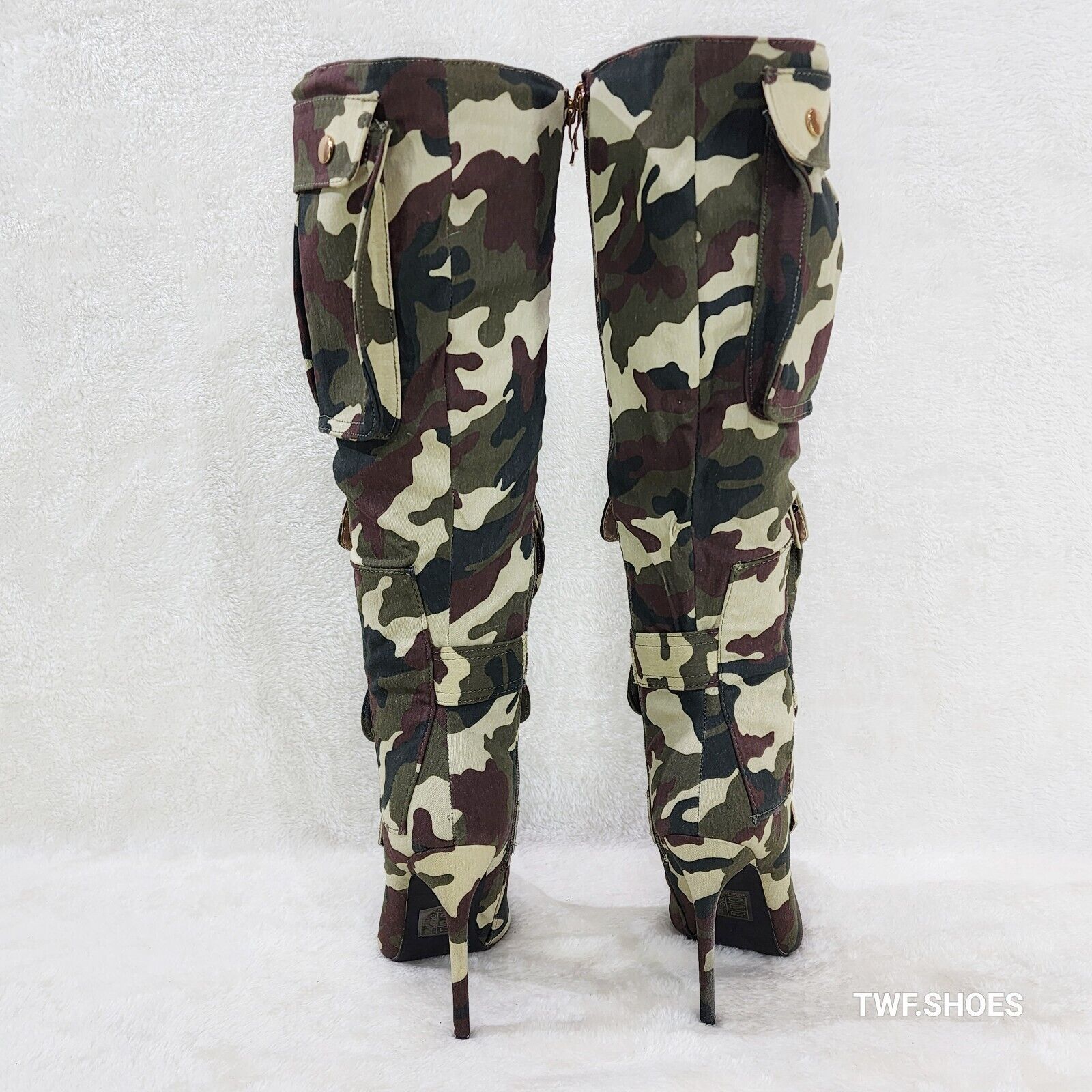 Army Girlz Canvas Camouflage Camo Cargo Knee High Stiletto Heel Boots - Totally Wicked Footwear