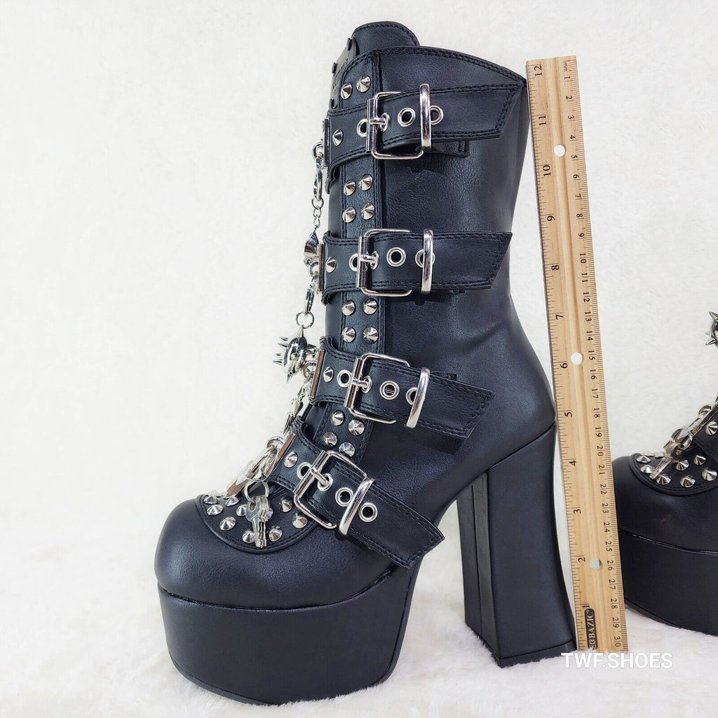 Charade 118 Mace Charms Platform Chunky Heel Goth Mid Calf Boot IN HOUSE DEMONIA