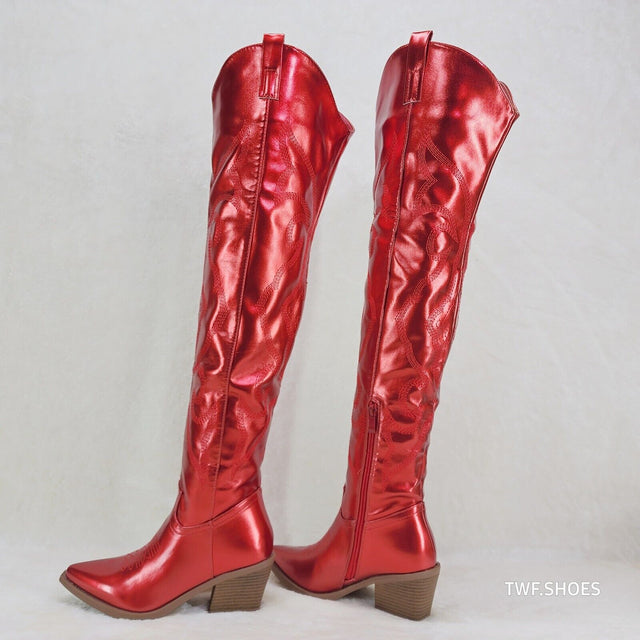 Country Disco Cowboy Metallic Red Western Cowgirl OTK Thigh Boots - Totally Wicked Footwear