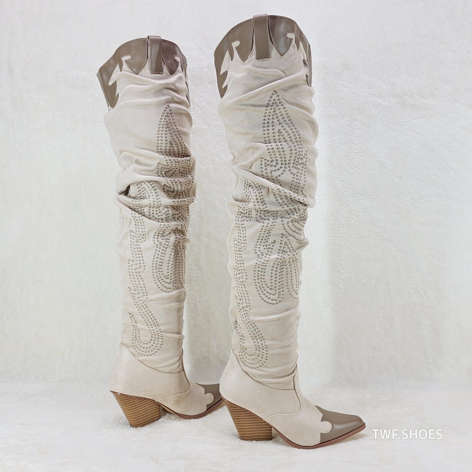 Iconic Country Western Thigh high Cowgirl Boots Cream Taupe Trim - Totally Wicked Footwear