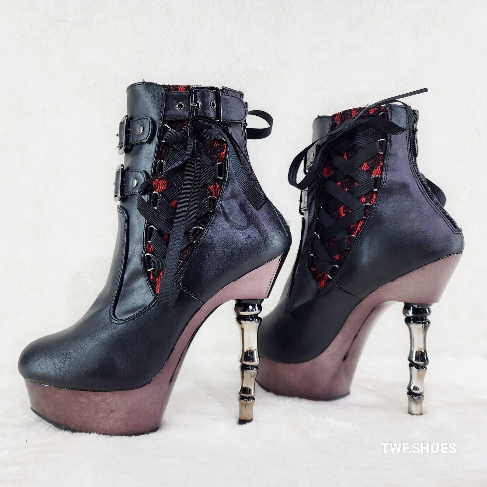 Muerto 1033 Red Lace Panel Finger Bone High Heel Platform Ankle Boots In House - Totally Wicked Footwear