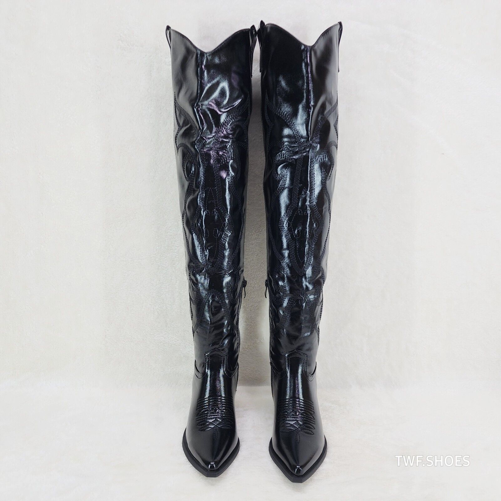 Country Disco Cowboy Metallic Black Western Cowgirl OTK Thigh Boots - Totally Wicked Footwear