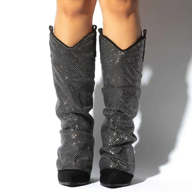 Country Twist Black Draped Rhinestone Skirted Fold Over Western Cowgirl Boots - Totally Wicked Footwear