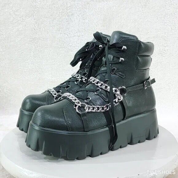 Emo Stomp 2" Platform Stomper Ankle Boots With Chain Design Faux Leather Green