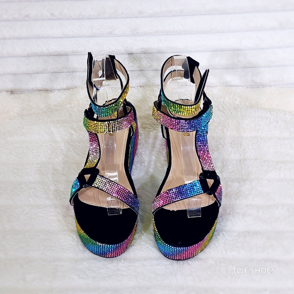 Pazzle Black 2" Platform Harness Strap Sparkling Rainbow Rhinestone Sandals - Totally Wicked Footwear