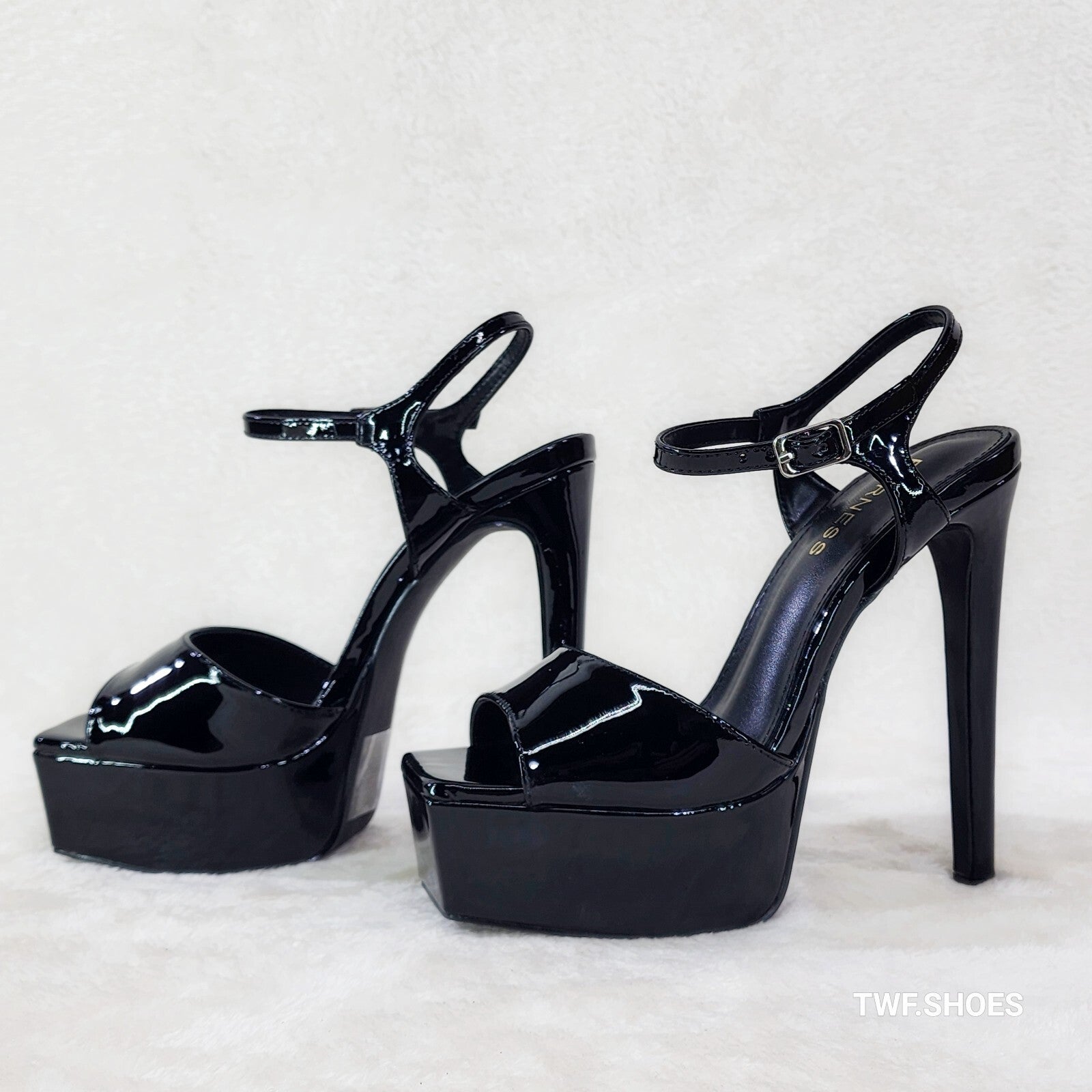 Gwen Glossy Black Patent Platform Open Toe 6" Stiletto High Heel Shoes