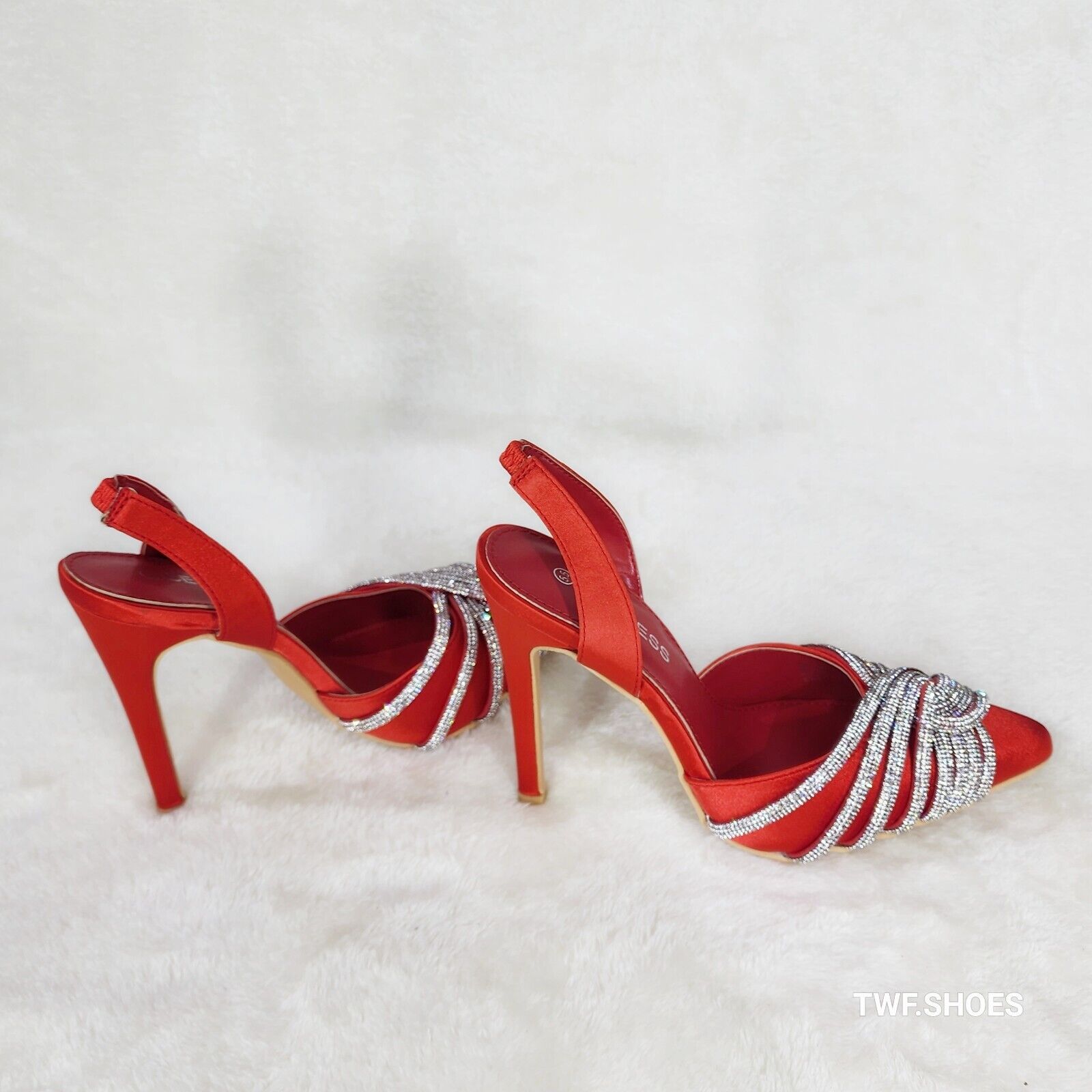 Elegance Slip on Slingback Red Satin Rhinestone Pointy Toe High Heels Shoes - Totally Wicked Footwear