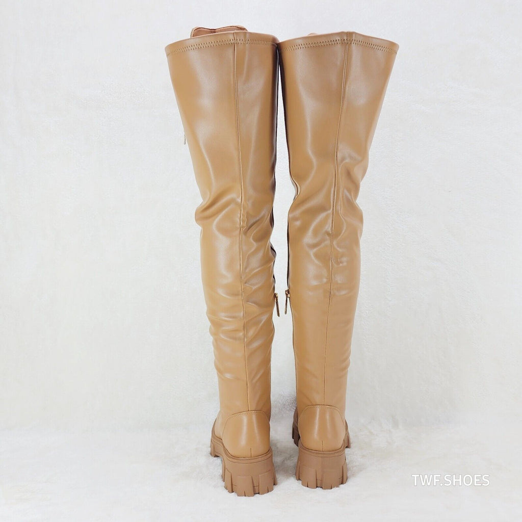 Roscoe Rose Gold Tan Combat Thigh High Boots Rose Gold Rhinestone Tongue - Totally Wicked Footwear