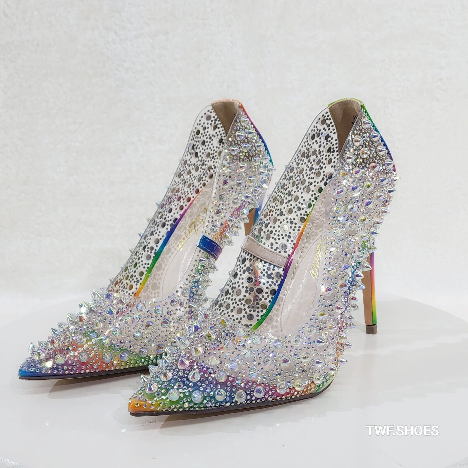 Spicy Stiletto PVC Clear Pumps Rainbow Studs & Rhinestone Pumps Stiletto Heels - Totally Wicked Footwear