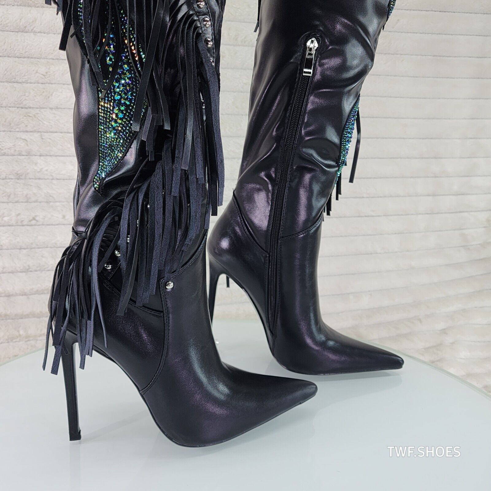 Frenzy Black Fringe Rhinestone Over The Knee Thigh Boots Azalea Wang - Totally Wicked Footwear