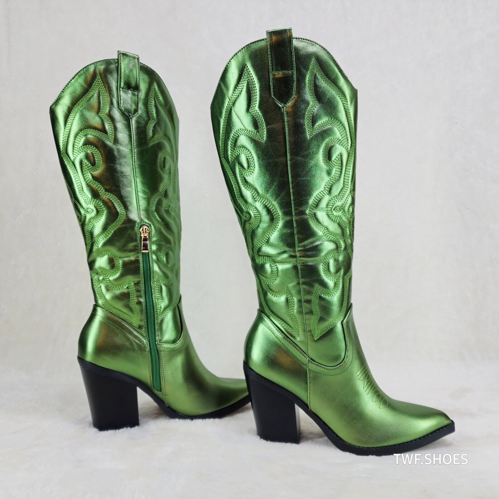 Electric Cowboy Brush Metallic Matte Western Knee High Cowgirl Boots Green - Totally Wicked Footwear