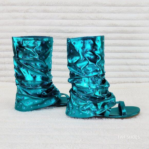 Fabulous Metallic Green Mermaid Upper & Rhinestones Sandal Slouch Boots Shooties - Totally Wicked Footwear