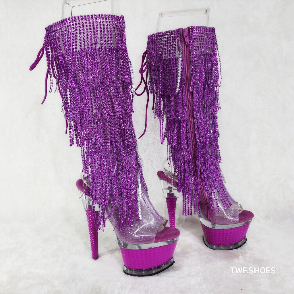 Illusion Fuchsia Pink Textured Platform Fringe High Heel Open Toe Knee Boots